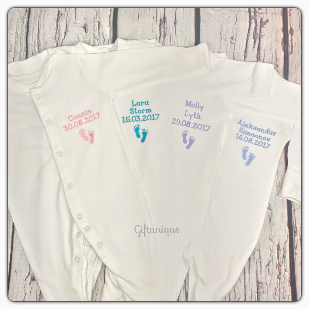 Personalised Classic White Name Sleepsuit With Footprints - Unisex