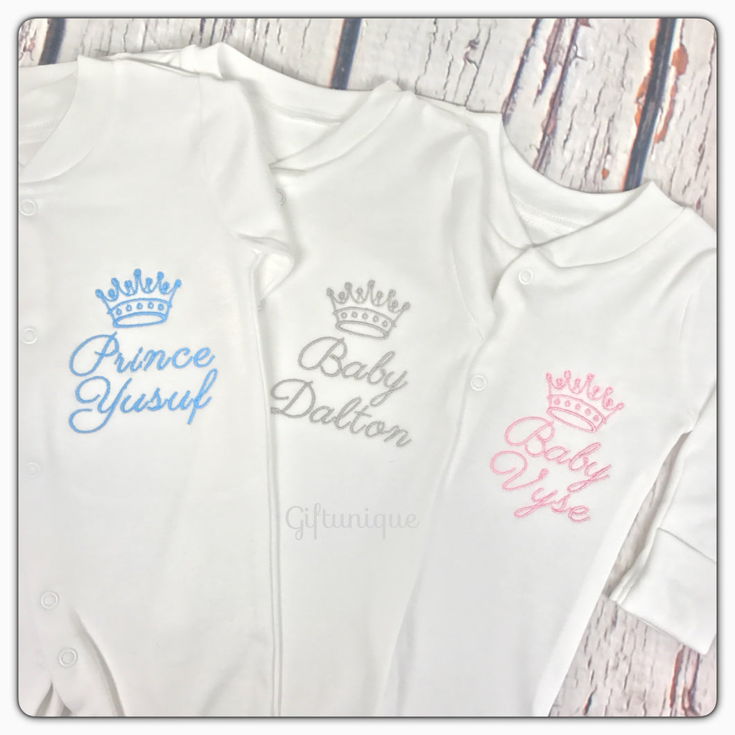 Personalised Name With Crown Classic White Sleepsuit - Unisex